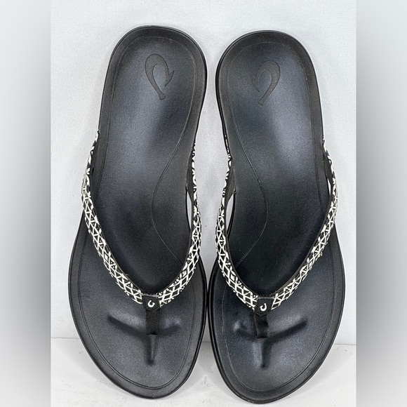 Olu Kai Flip Flops Black White Geometric Water Resistent Beachy Sz 10 - Picture 8 of 10